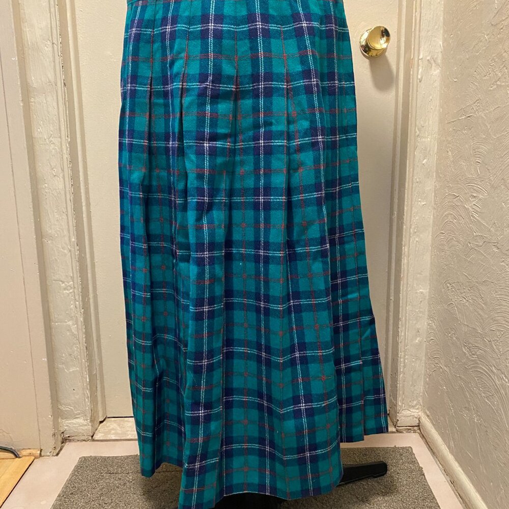 Pendleton Vintage Pleated Midi Skirt Green Blue Tartan Plaid Wool Sz 18W